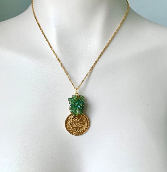 PERIDOT GEMSTONE AND GOLD COIN HANDMADE NECKLACE