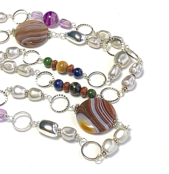 Long Botswana Agate Silver Necklace