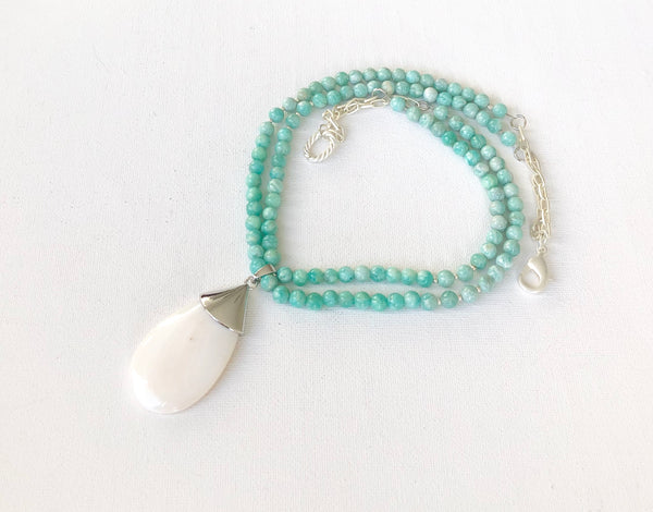Double Strand Amazonite and Shell Pearl Silver Necklace