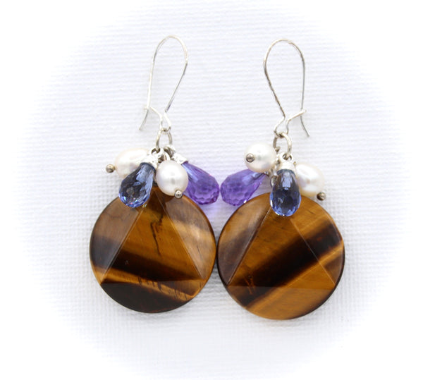 TIGER EYE AND PEARL SILVER EARRINGS