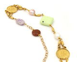 GOLD COIN GEMSTONE AND PEARL LONG HANDMADE NECKLACE