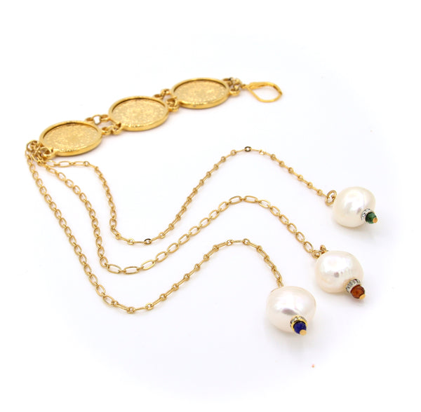 PEARL AND GOLD TURKISH COIN STATEMENT HANDMADE EARRINGS-NECKLACE