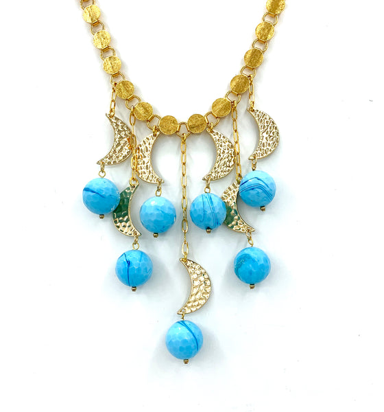 BLUE AGATE GOLD MOON HANDMADE STATEMENT NECKLACE