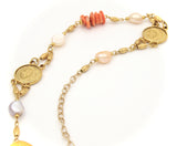 GOLD COIN GEMSTONE AND PEARL LONG HANDMADE NECKLACE