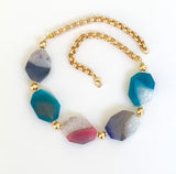 Large Statement Blue Agate Gold Necklace