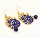 Large Dark Blue Islamic Hamsa Gold Earings