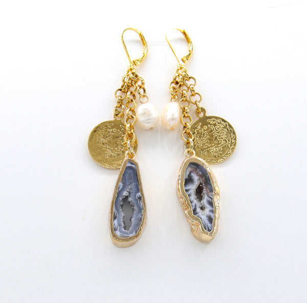 Agate Slice Gold Drop Earrings