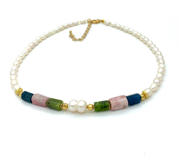 Jade Apatite Rhodochrosite and Pearl Gold Necklace