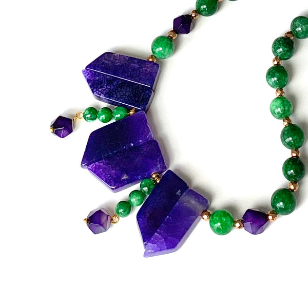 PURPLE AGATE AND GREEN JADE GEMSTONE GOLD HANDMADE NECKLACE