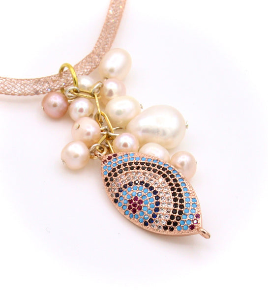 PEARL AND EVIL EYE GOLD NECKLACE