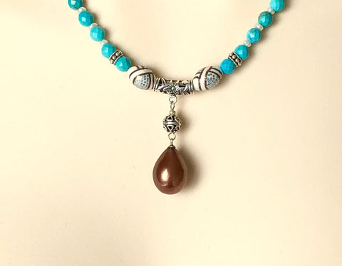 TURQUOISE AND MOTHER OF PEARL STERLING SILVER HANDMADE NECKLACE