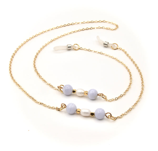 BLUE LACE AGATE GEMSTONE AND PEARL GOLD HANDMADE EYEGLASS CHAIN