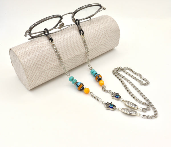 Turquoise and Hamsa Hand Silver Eyeglasses Chain