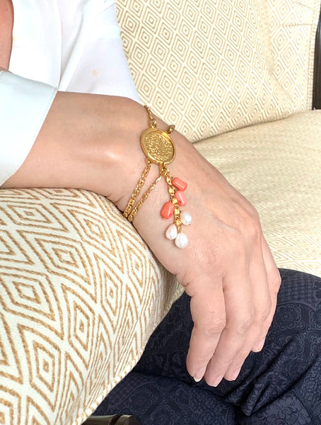 PEARL AND CORAL TASSEL GOLD COIN HANDMADE BRACELET