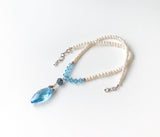 Pearl and Blue Crystal Sterling Silver Necklace