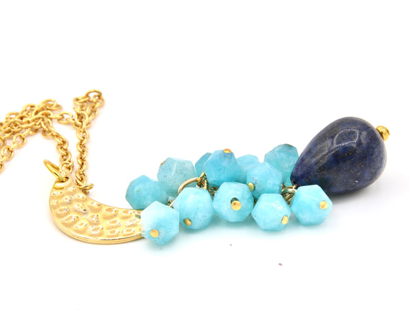 Amazonite and Lapis Lazuli Cluster Gold Necklace