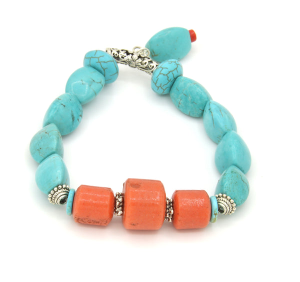 Coral and Howlite Turquoise Silver Stretch Bracelet