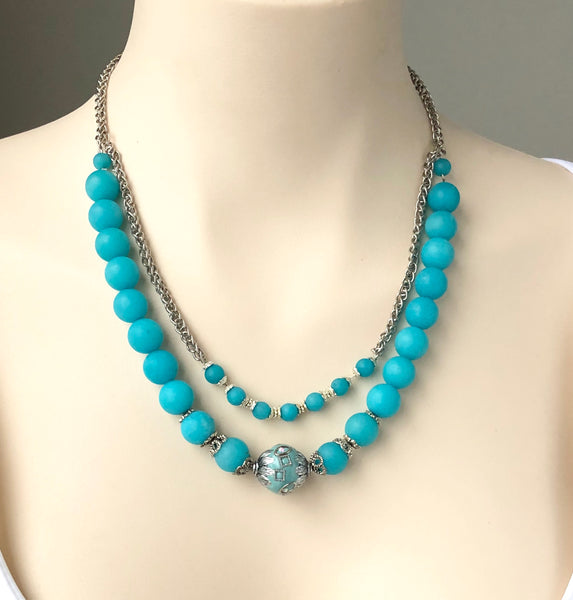 Blue Quartz Double Beaded Chain Silver Necklace