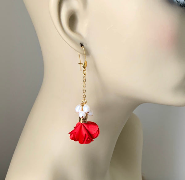 RED FLOWER AND PEARL GOLD HANDMADE EARRINGS