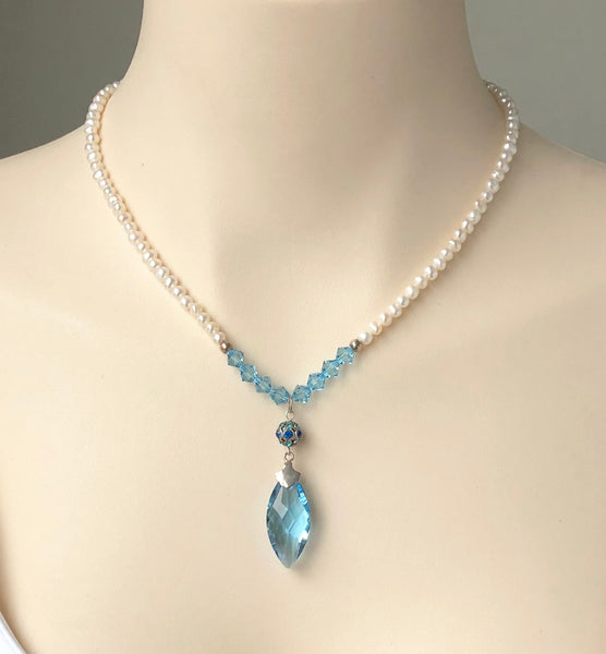 Pearl and Blue Crystal Sterling Silver Necklace