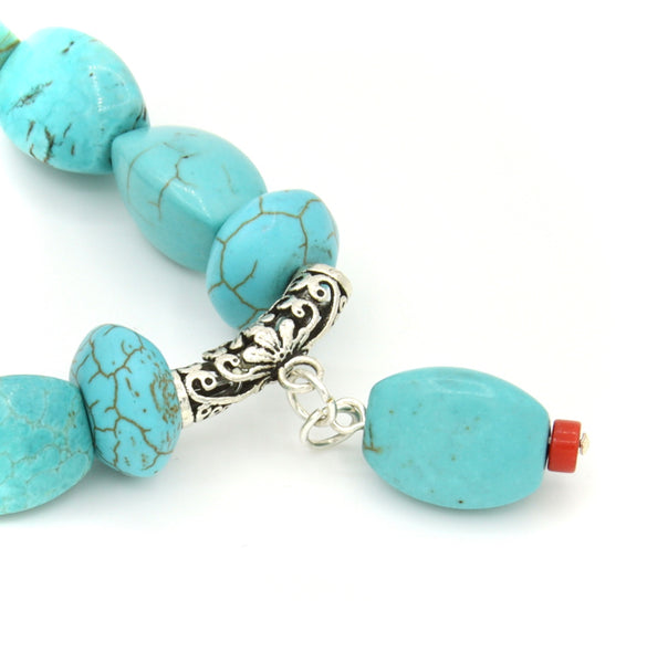 Coral and Howlite Turquoise Silver Stretch Bracelet