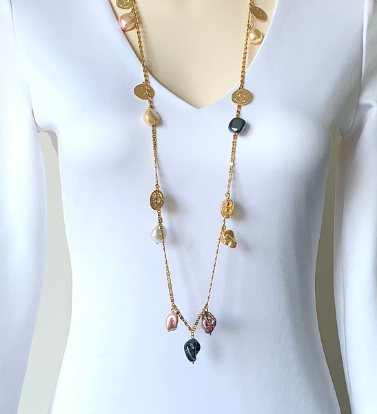 SHELL PEARL AND GOLD COIN HANDMADE LONG NECKLACE