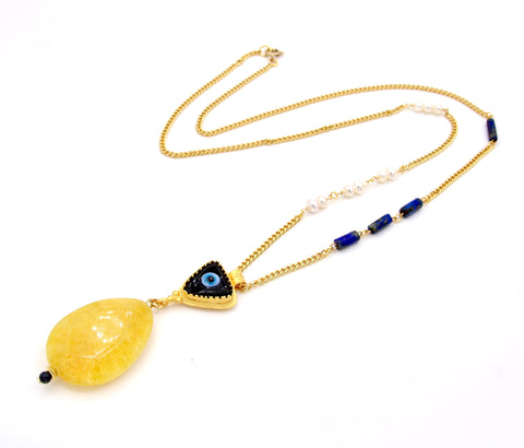 Long Gold Evil Eye Jade Lapis Lazuli Necklace