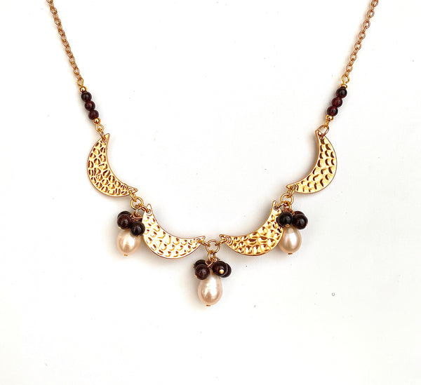 Garnet and Pearl Gold Moon Necklace