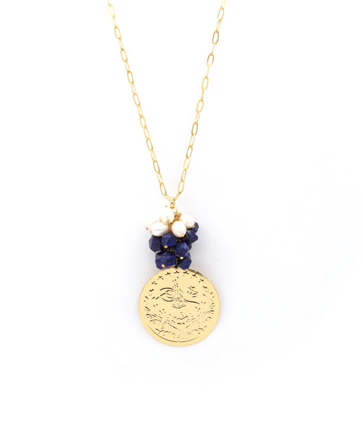 Gold Coin and Lapis Lazuli Pendant Necklace