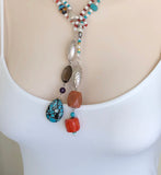 LONG PEARL TURQUOISE CORAL GEMSTONE STERLING SILVER HANDMADE NECKLACE