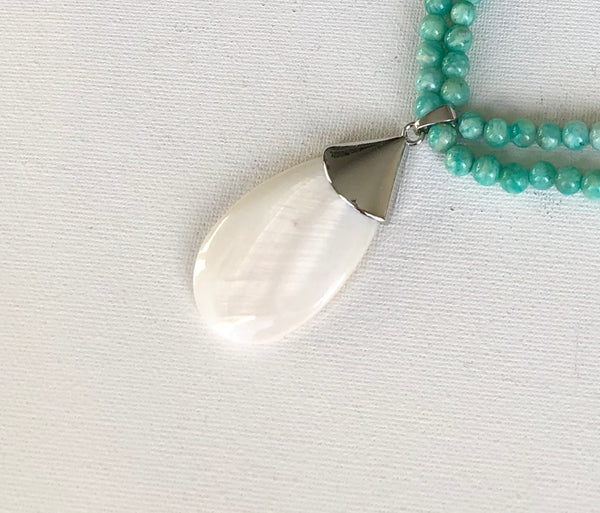 Double Strand Amazonite and Shell Pearl Silver Necklace