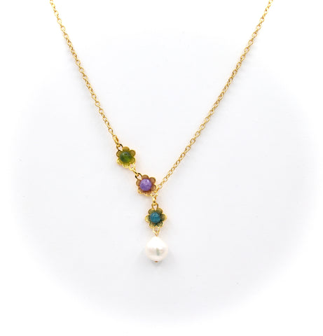 DELICATE PEARL AND GEMSTONE  GOLD FLOWER NECKLACE