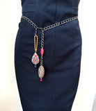 Gun Metal Chain Belt with Coral and Lapis Lazuli