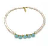 AMAZONITE GEMSTONE AND PEARL GOLD HANDMADE NECKLACE