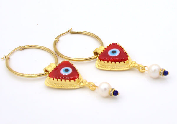 Large Red Evil Eye Gold Earrings