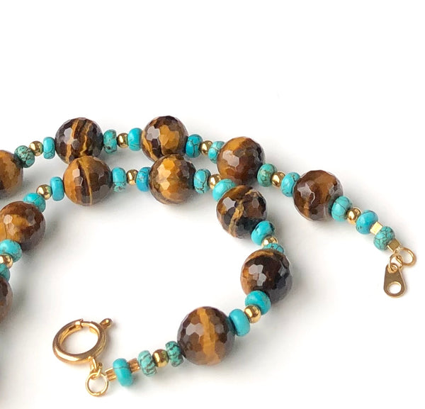 TIGER EYE AND TURQUOISE HANDMADE GOLD NECKLACE