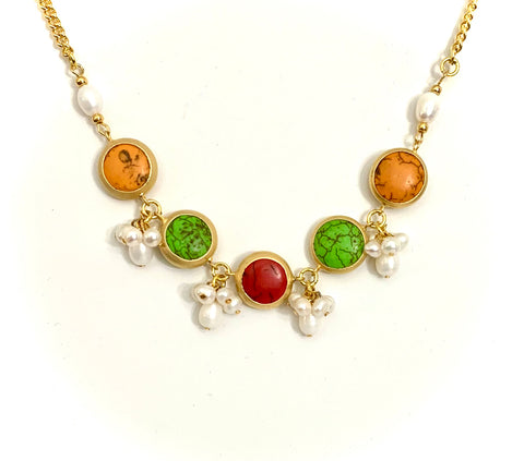 MULTICOLOUR JASPER GEMSTONE AND PEARL CLUSTER HANDMADE GOLD NECKLACE