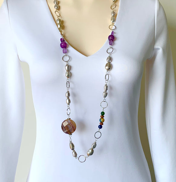 Long Botswana Agate Silver Necklace