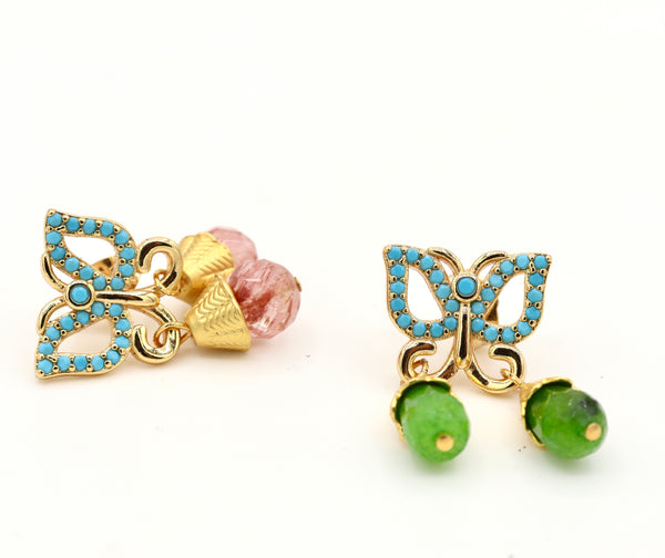 Jade and Quartz Gold Butterfly Asymmetrical Earrings