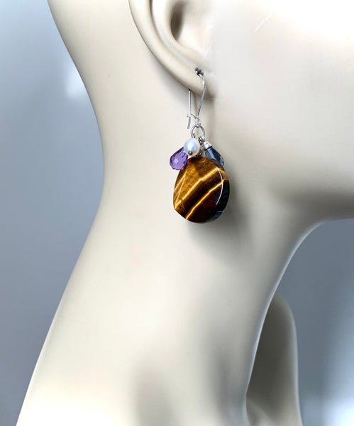 TIGER EYE AND PEARL SILVER EARRINGS