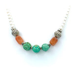 Carved Turquoise And Pearl Silver Necklace