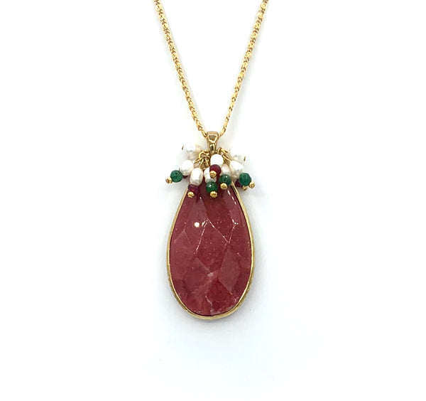 RED JADE AND PEARL GOLD HANDMADE NECKLACE