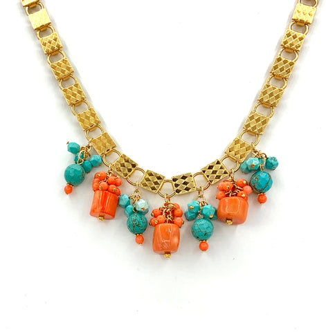 STATEMENT CORAL AND TURQUOISE GOLD HANDMADE NECKLACE