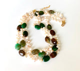 TRIPLE STRANDS AGATE AND PEARL HANDMADE GOLD NECKLACE