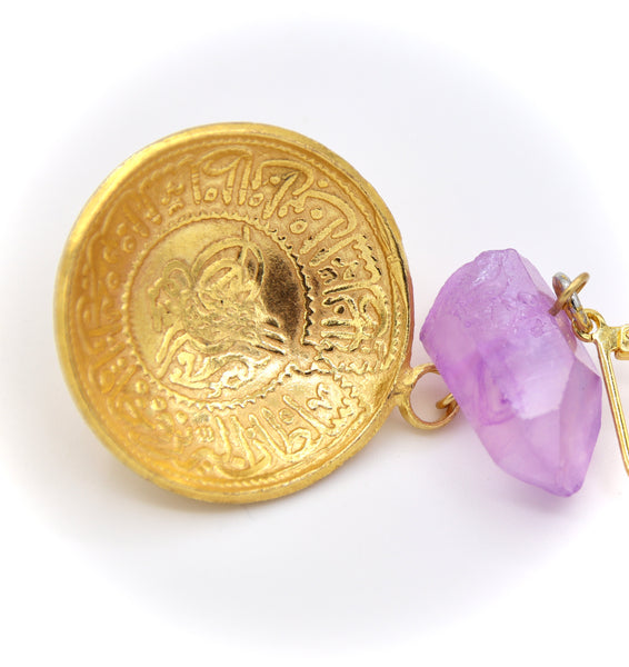 Raw Amethyst and Gold Coin Earrings