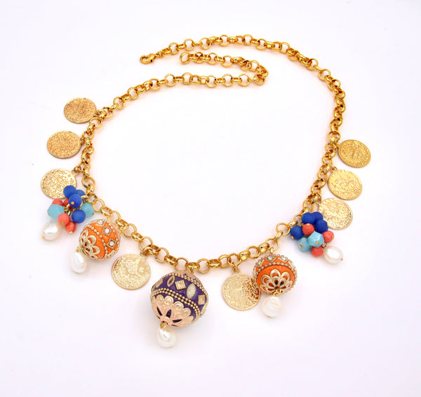 Gold Coin and Multi Gemstone Statement Necklace