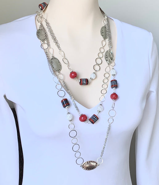 EXTRA LONG SILVER CHAIN RED AGATE GEMSTONE HANDMADE NECKLACE