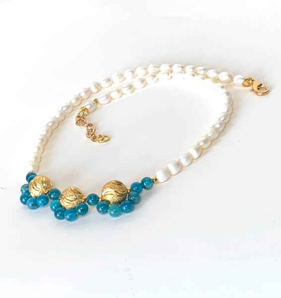 Blue Apatite and Pearl Gold Necklace