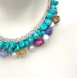 TURQUOISE PEARL AND AGATE GEMSTONES HANDMADE STERLING SILVER STATEMENT NECKLACE