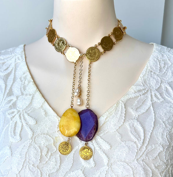 Statement Turkish Coin Jade and Agate Gold Necklace